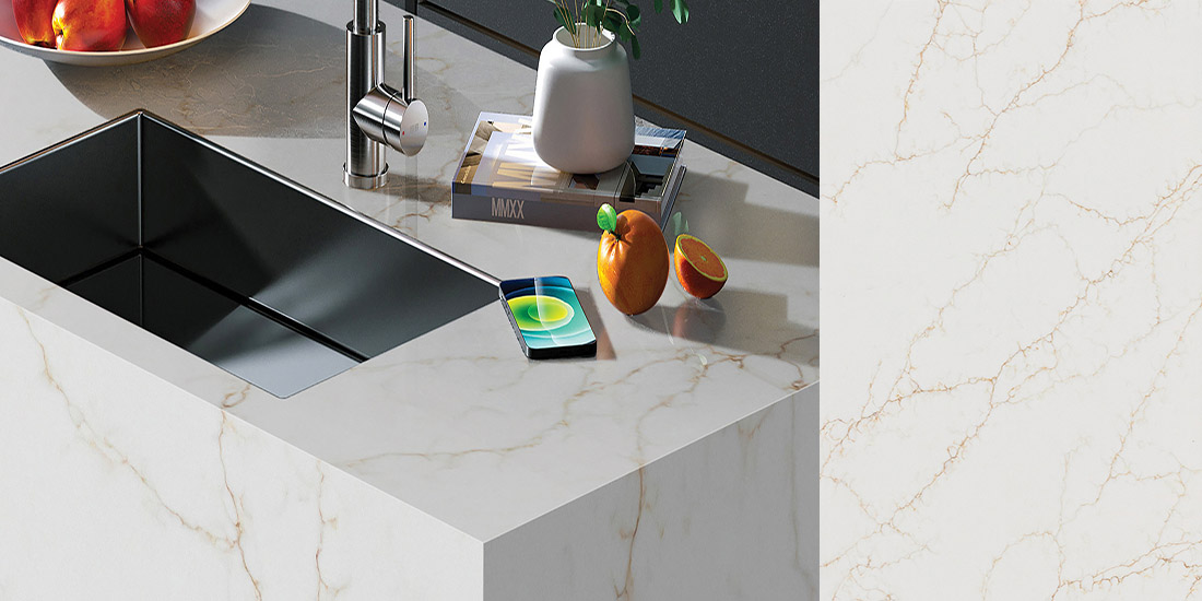 Statuario Oro by CRL Statuario Oro by CRL Quartz kitchen worktop colour with close-up surface detail