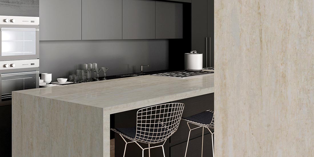 Taj Mahal by CRL Taj Mahal CRL Quartz kitchen worktop colour with close-up quartz surface sample