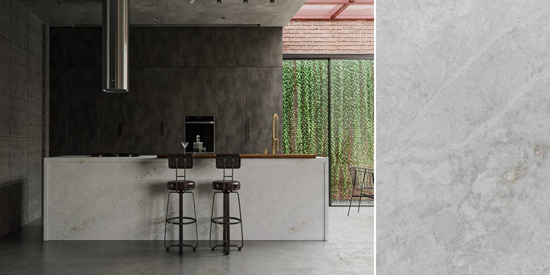 Adamello by Unistone Adamello by Unistone quartz kitchen worktop colour with close-up surface detail
