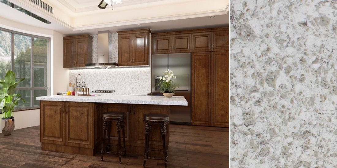 Alaska White by Unistone Alaska White by Unistone quartz kitchen worktop colour with close-up surface detail