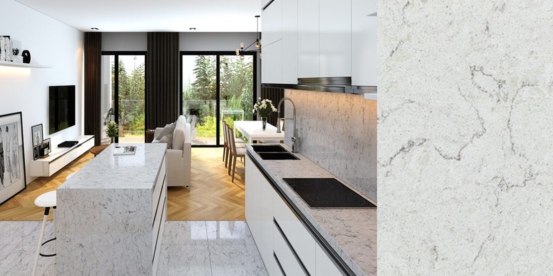 Argento by Unistone Argento by Unistone quartz kitchen worktop colour with close-up surface detail