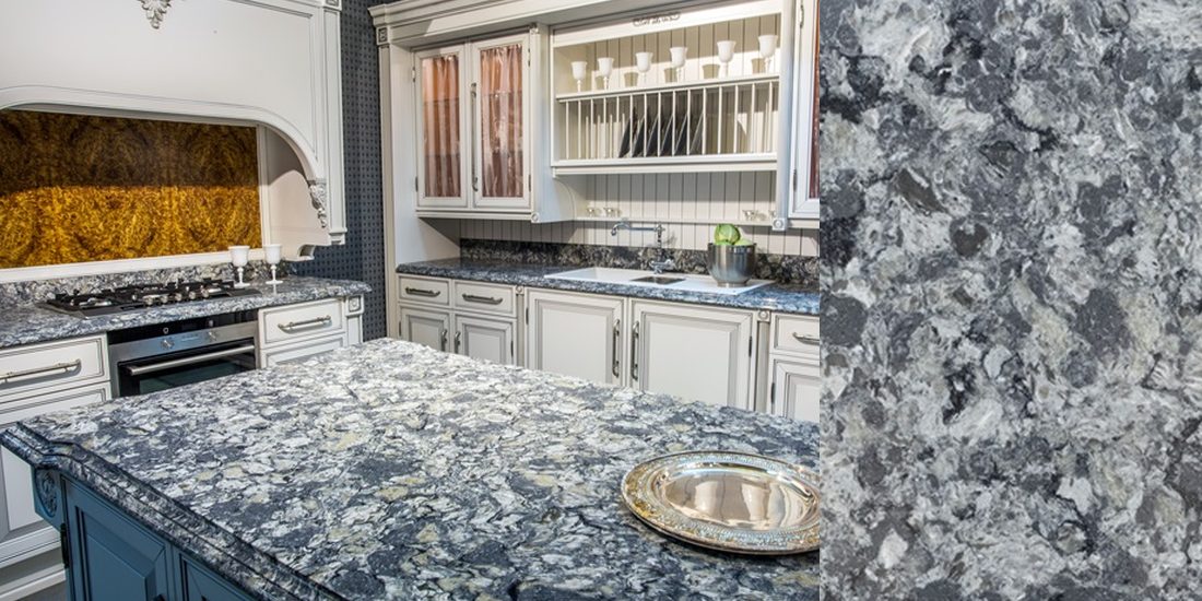 Azul Aran by Unistone Azul Aran by Unistone quartz kitchen worktop colour with close-up surface detail