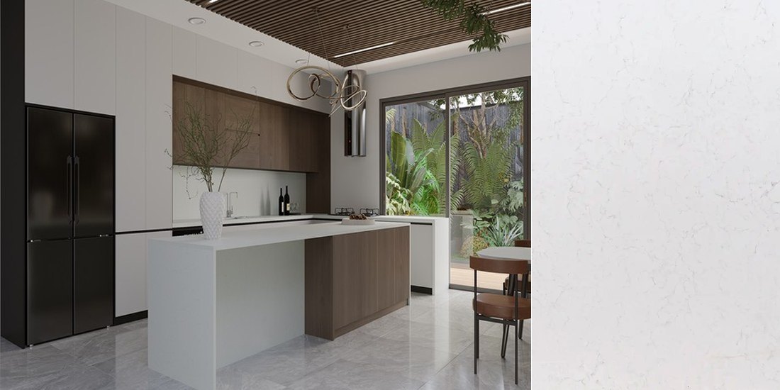 Bianco Carrara Santorini by Unistone Bianco Carrara Santorini by Unistone quartz kitchen worktop colour with close-up surface detail