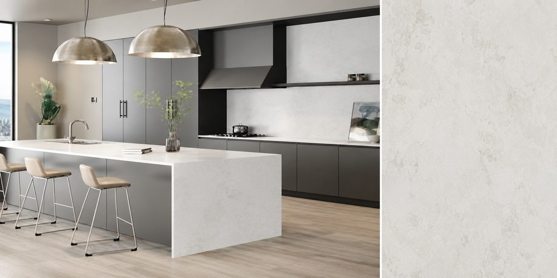 Bianco Cristal by Unistone Bianco Cristal by Unistone quartz kitchen worktop colour with close-up surface detail