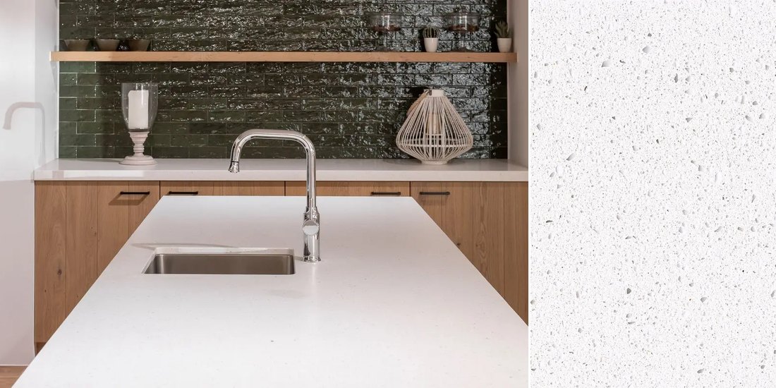 Bianco Extra by Unistone Bianco Extra by Unistone quartz kitchen worktop colour with close-up surface detail