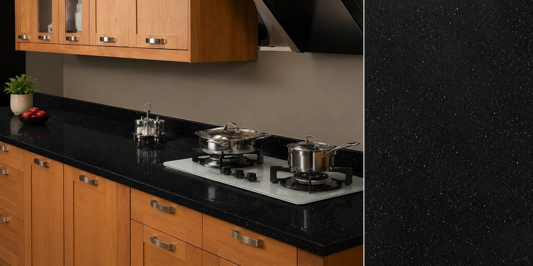 Black Crystal by Unistone Black Crystal by Unistone quartz kitchen worktop colour with close-up surface detail