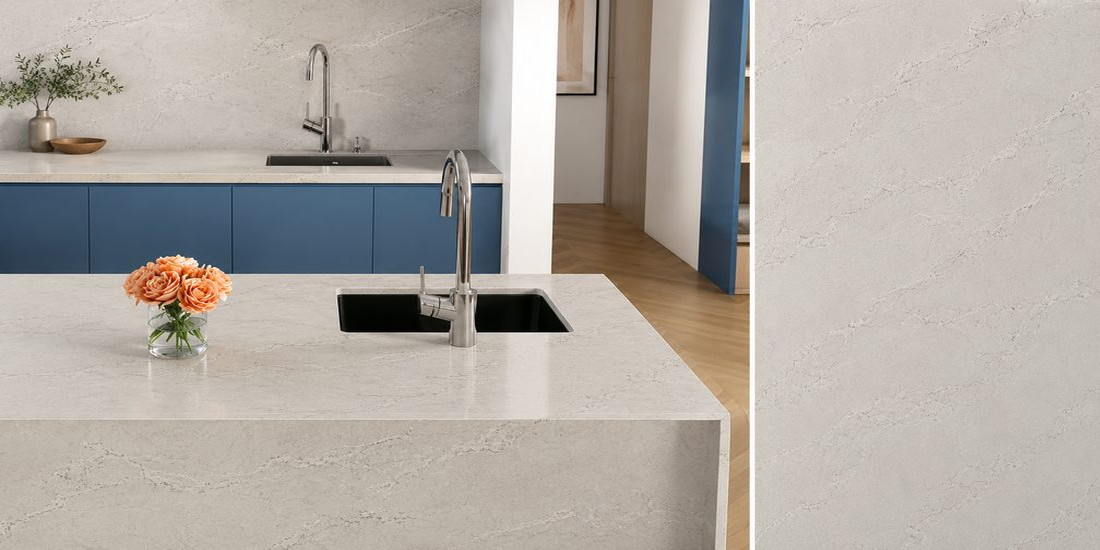Botticino Grey by Unistone Botticino Grey by Unistone quartz kitchen worktop colour with close-up surface detail