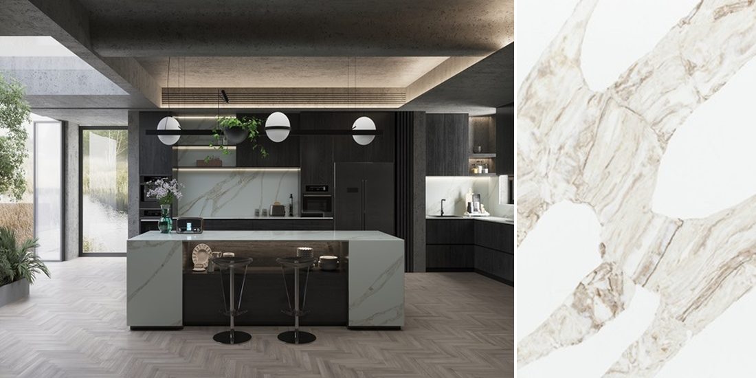 Calacatta Vagli Oro by Unistone Calacatta Vagli Oro by Unistone quartz kitchen worktop colour with close-up surface detail