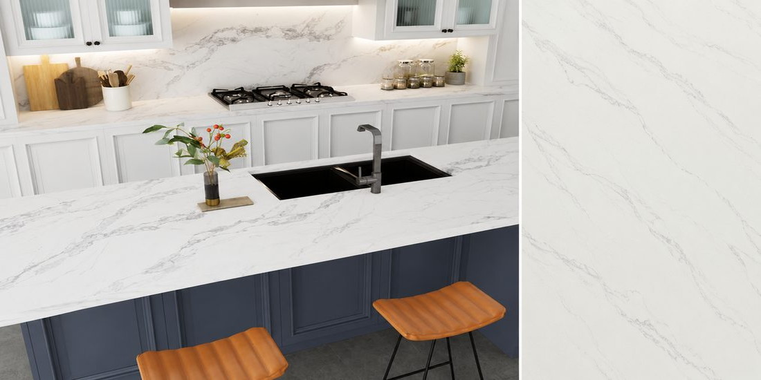 Calacatta Vicente by Unistone Calacatta Vicente by Unistone quartz kitchen worktop colour with close-up surface detail