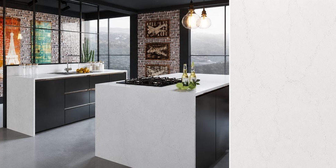 Carrara Misterio by Unistone Carrara Misterio by Unistone quartz kitchen worktop colour with close-up surface detail