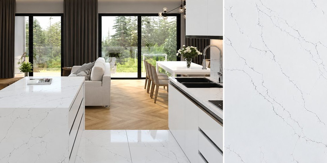 Carrara Venatino by Unistone Carrara Venatino by Unistone quartz kitchen worktop colour with close-up surface detail