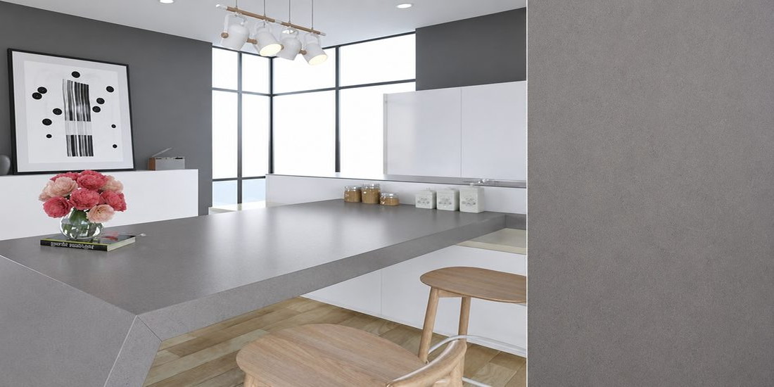Cemento by Unistone Cemento by Unistone quartz kitchen worktop colour with close-up surface detail