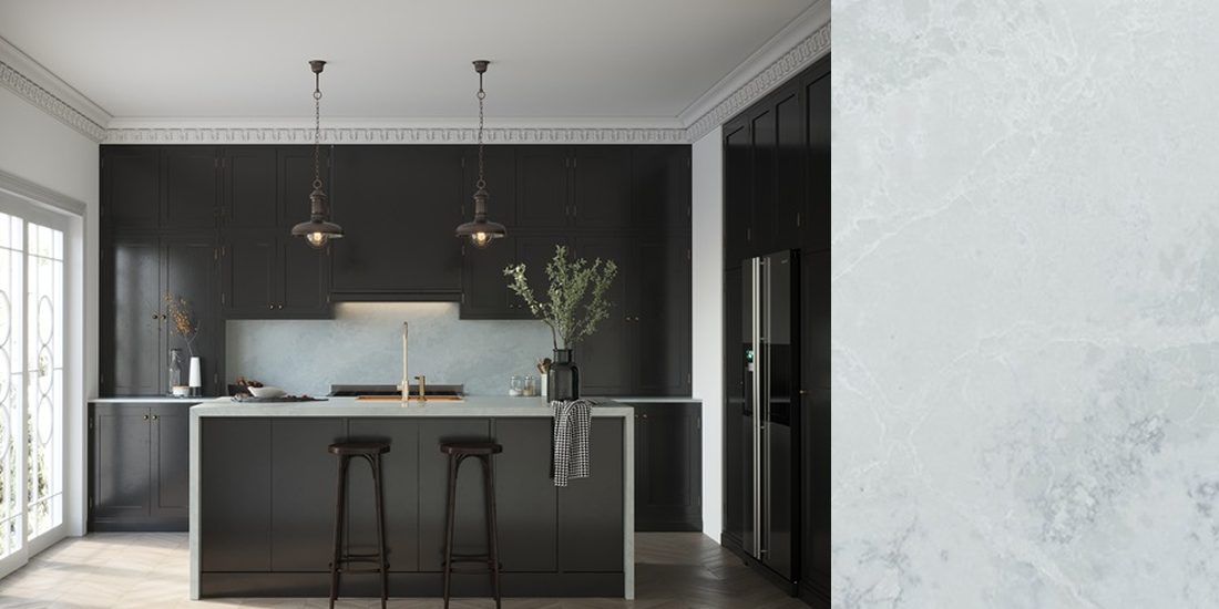 Esmeralda by Unistone Esmeralda by Unistone quartz kitchen worktop colour with close-up surface detail