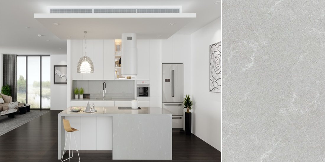 Grey Savoye by Unistone Grey Savoye by Unistone quartz kitchen worktop colour with close-up surface detail