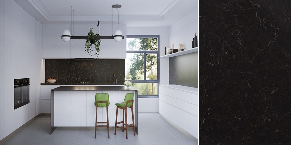 Java Black by Unistone Java Black by Unistone quartz kitchen worktop colour with close-up surface detail