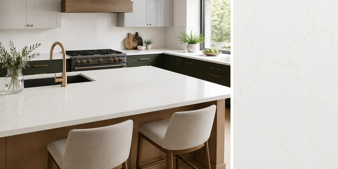 Misterio Gold by Unistone Misterio Gold by Unistone quartz kitchen worktop colour with close-up surface detail