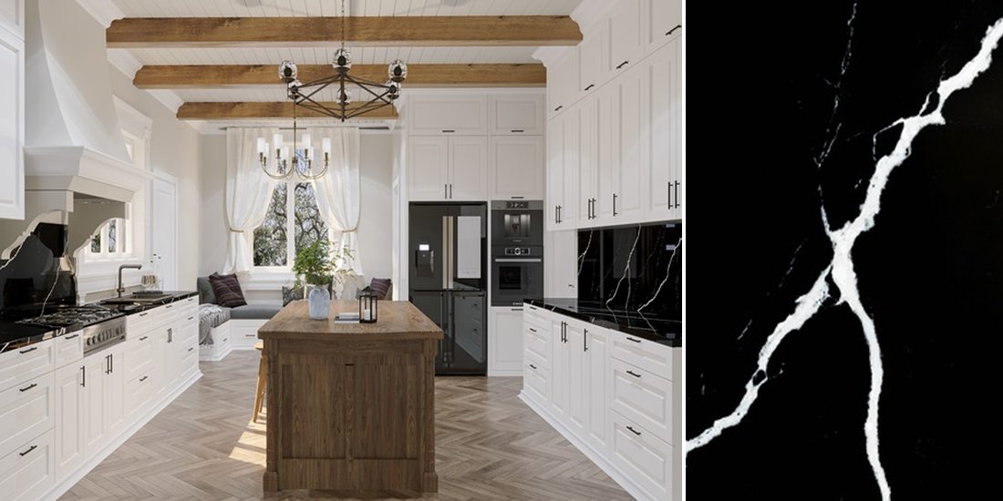 Nero Marquina by Unistone Nero Marquina by Unistone quartz kitchen worktop colour with close-up surface detail