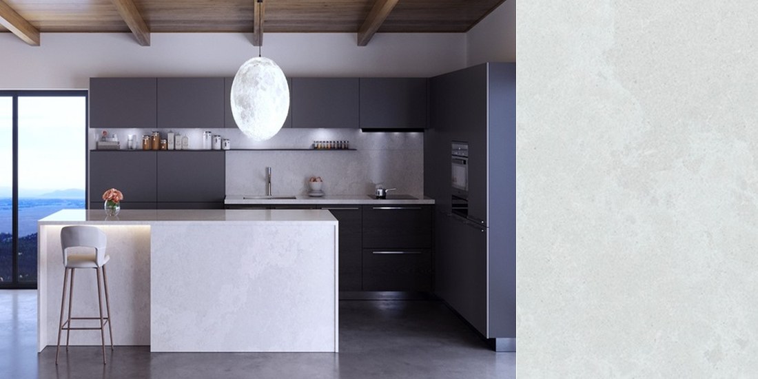 Olympus White by Unistone Olympus White by Unistone quartz kitchen worktop colour with close-up surface detail