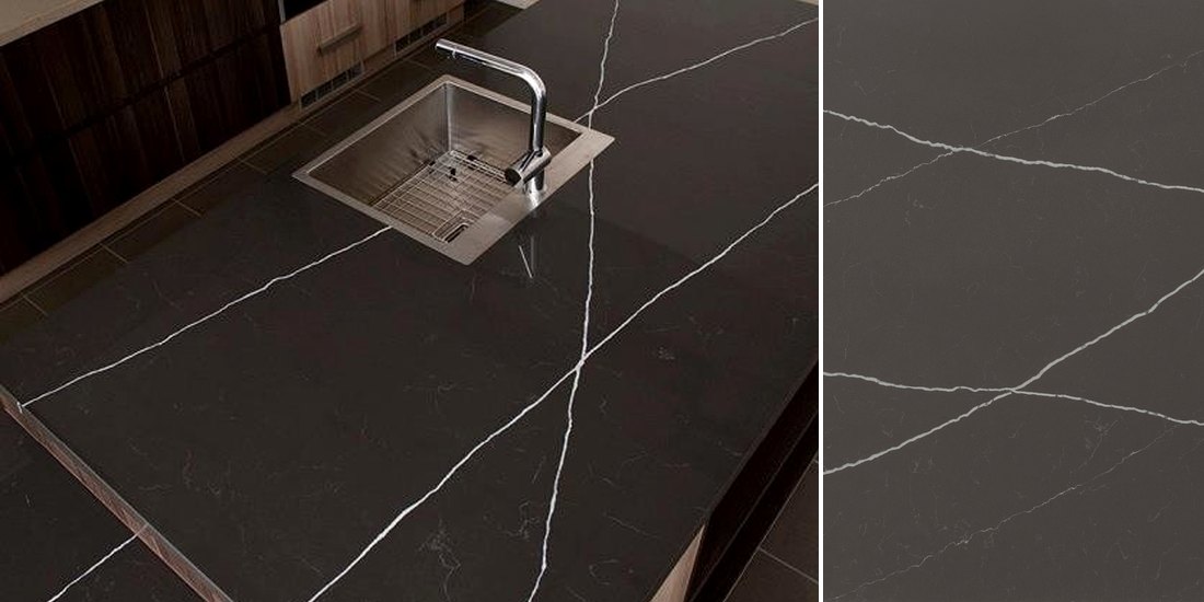 Pietra Grey by Unistone Pietra Grey by Unistone quartz kitchen worktop colour with close-up surface detail