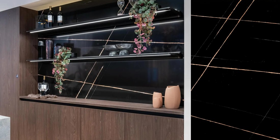 Sahara Noir by Unistone Sahara Noir by Unistone quartz kitchen worktop colour with close-up surface detail