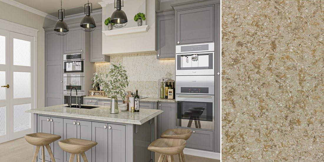 Silver Sea by Unistone Silver Sea by Unistone quartz kitchen worktop colour with close-up surface detail