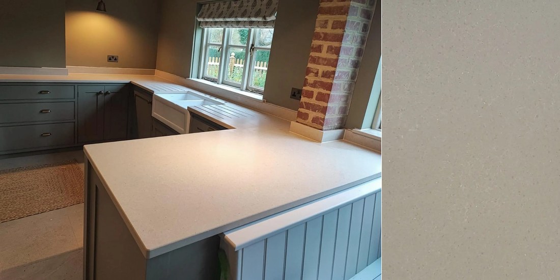 Sinai Pearl by Unistone Sinai Pearl by Unistone quartz kitchen worktop colour with close-up surface detail