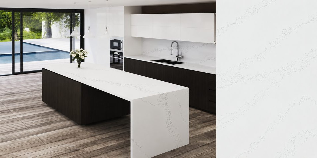 Statuario by Unistone Statuario by Unistone quartz kitchen worktop colour with close-up surface detail