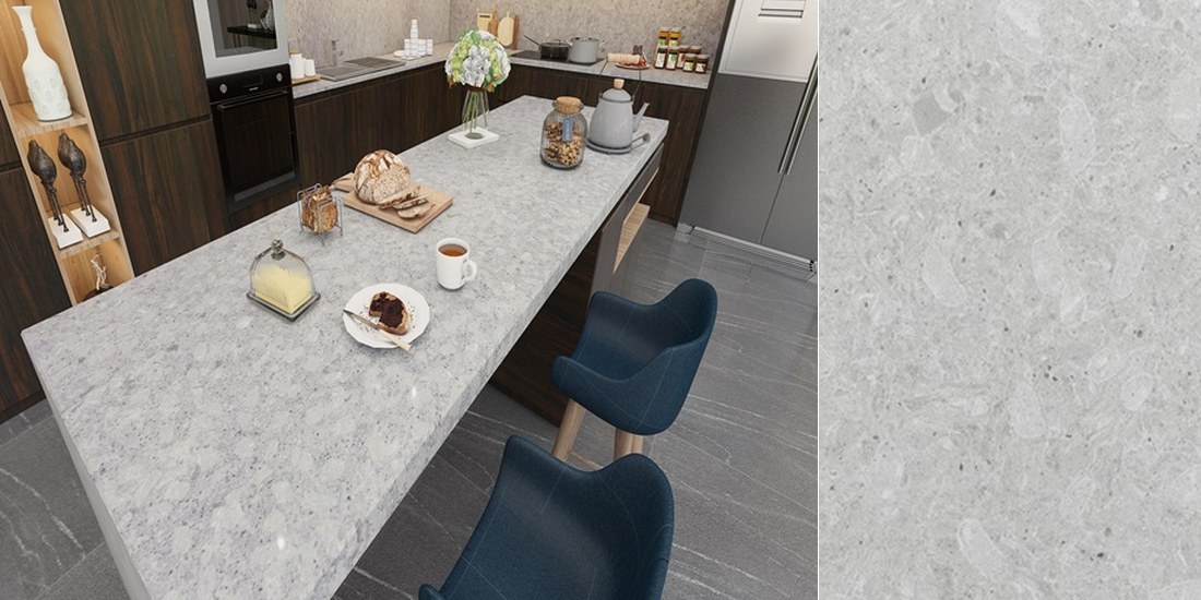 Terreno by Unistone Terreno by Unistone quartz kitchen worktop colour with close-up surface detail