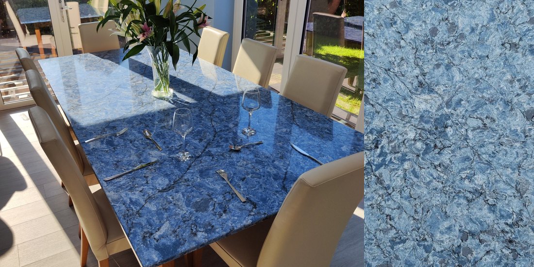 Thunder Blue by Unistone Thunder Blue by Unistone quartz kitchen worktop colour with close-up surface detail