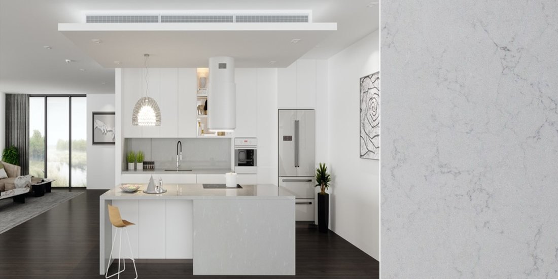 Valley White by Unistone Valley White by Unistone quartz kitchen worktop colour with close-up surface detail