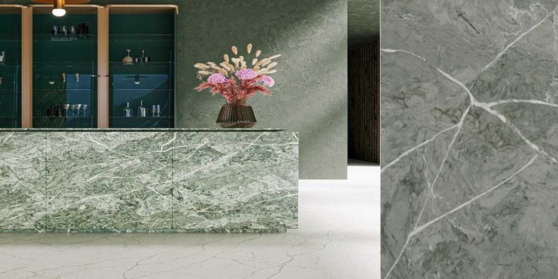 Vitoria Regia by Unistone Vitoria Regia by Unistone quartz kitchen worktop colour with close-up surface detail