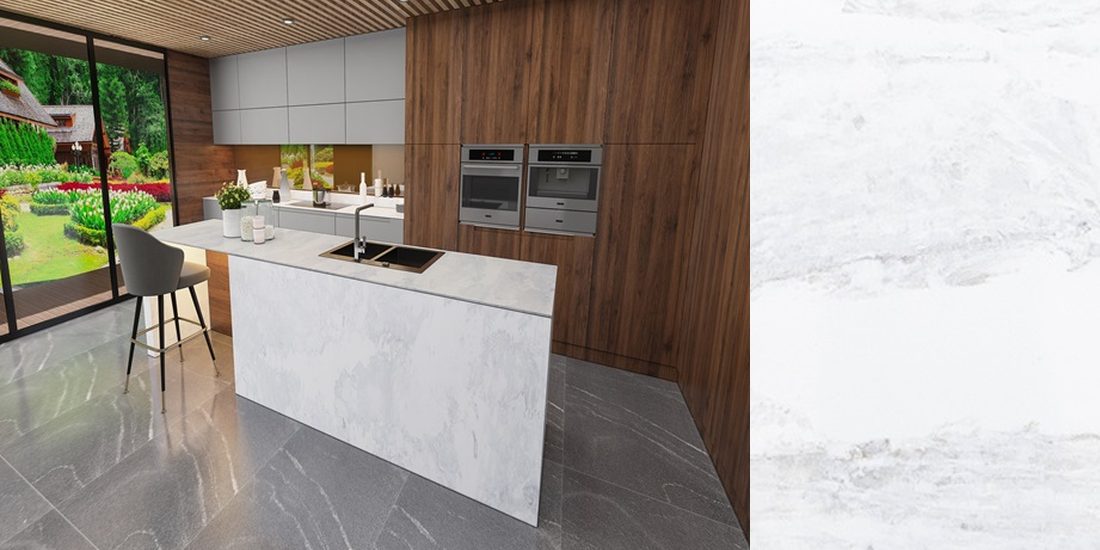 White Eden by Unistone White Eden by Unistone quartz kitchen worktop colour with close-up surface detail
