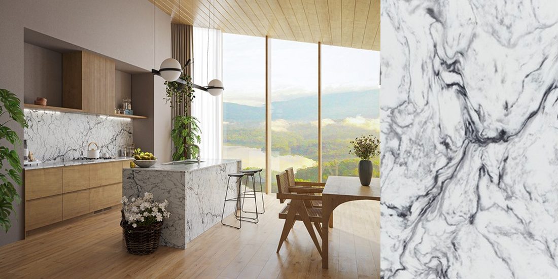 White Fusion by Unistone White Fusion by Unistone quartz kitchen worktop colour with close-up surface detail